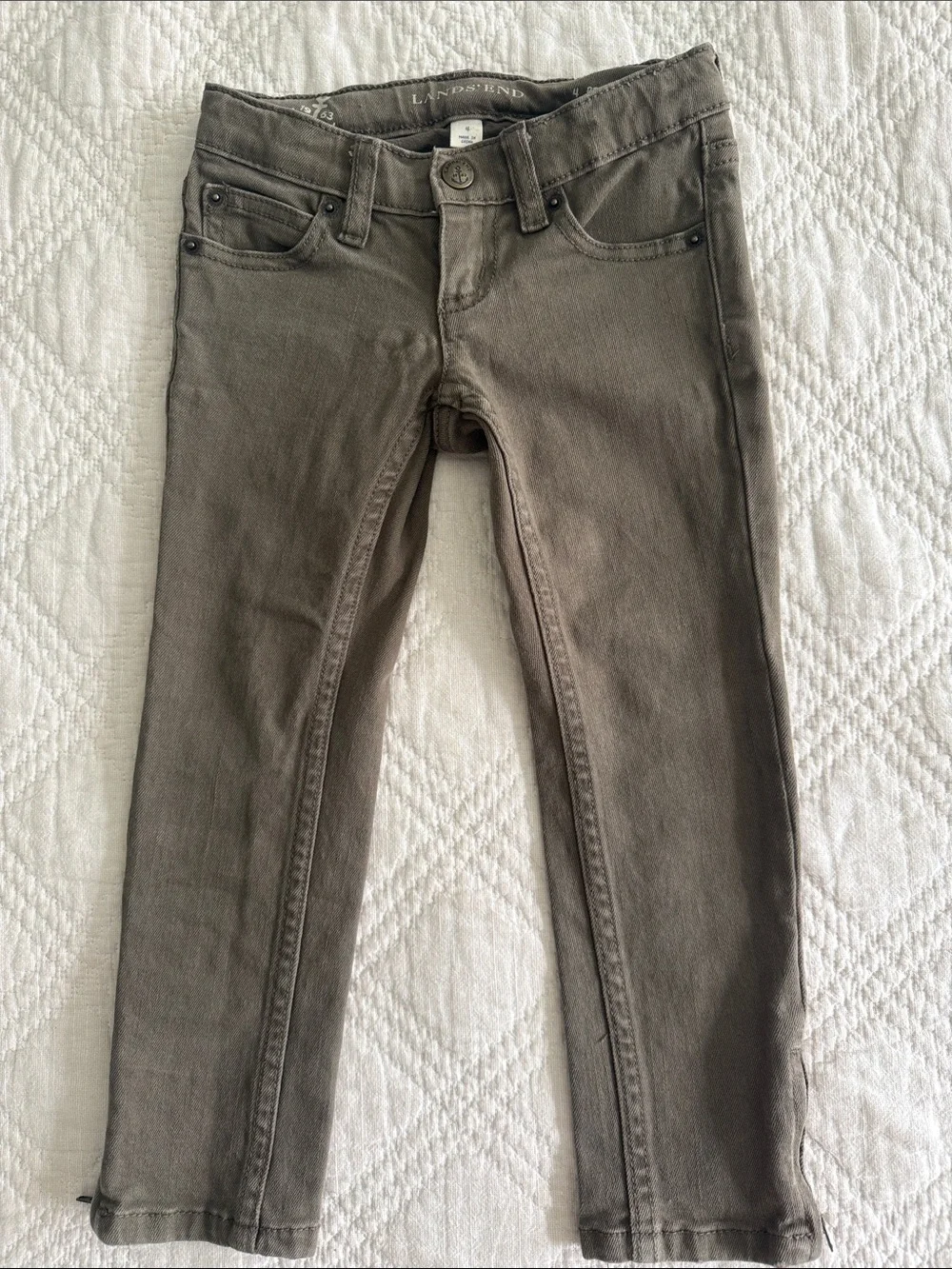 Lands end olive green skinny pencil leg jeans for toddler girls zipper sides 4